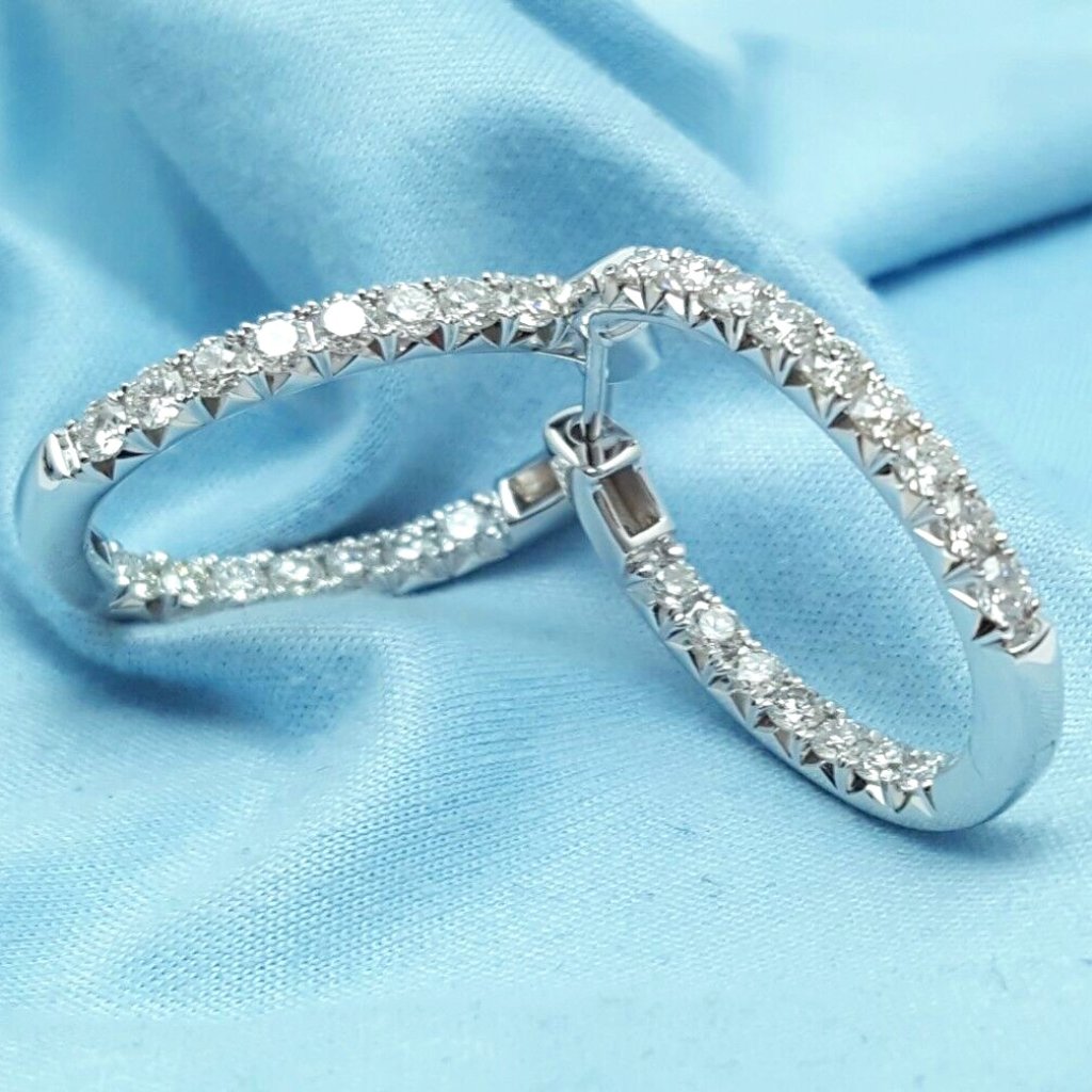 Unique 14k Solid Karat White Gold Designer Diamond Round Hoop Earrings  Nice